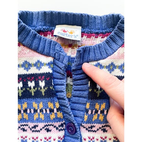 Girl's Vintage Carter's Cotton Knit Fair Isle Spring Cardigan Sweater Size 4T - Picture 2 of 6